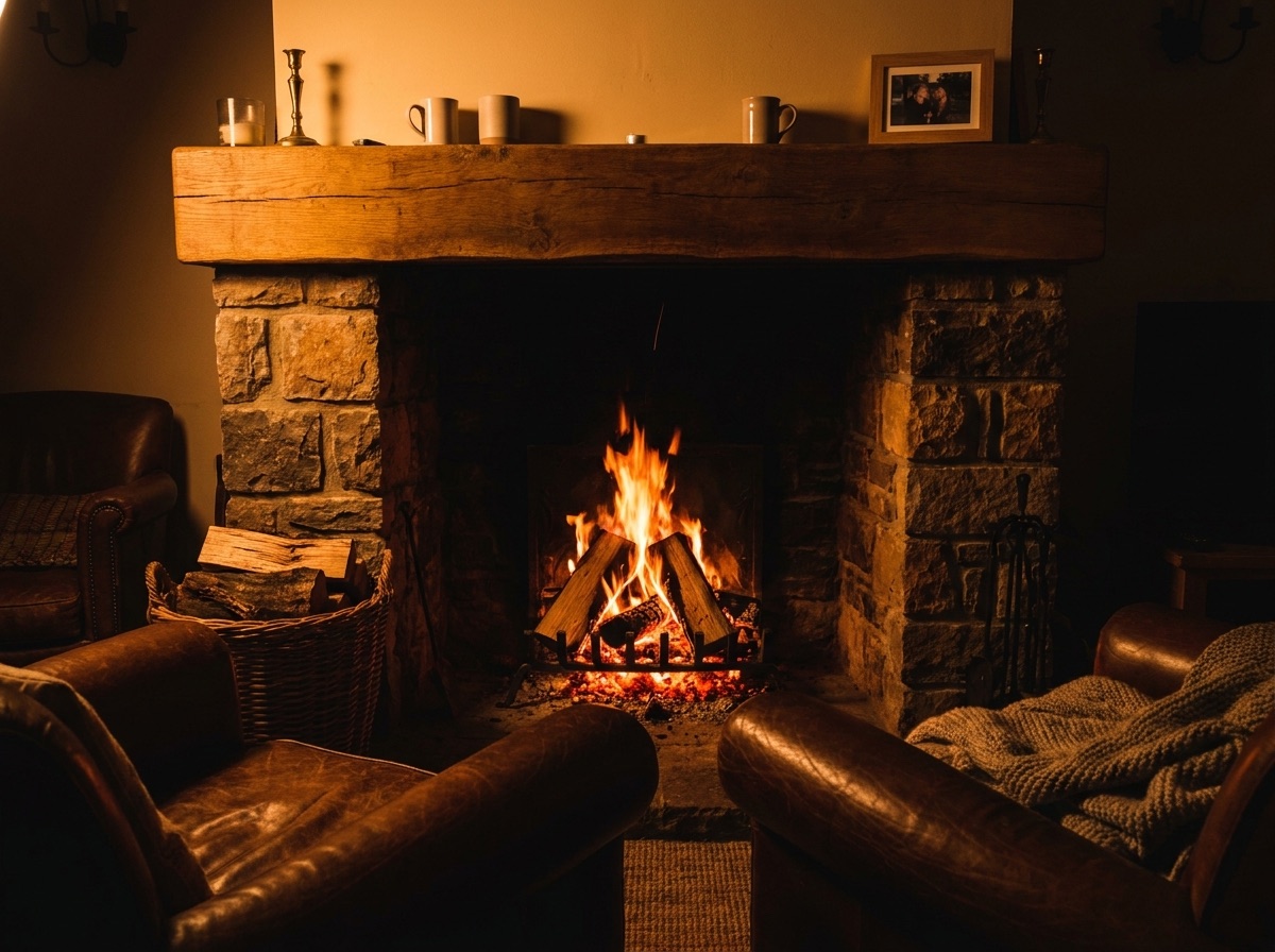 A cozy stone fireplace with a warm fire burning inside an Ember and Oak client's living room